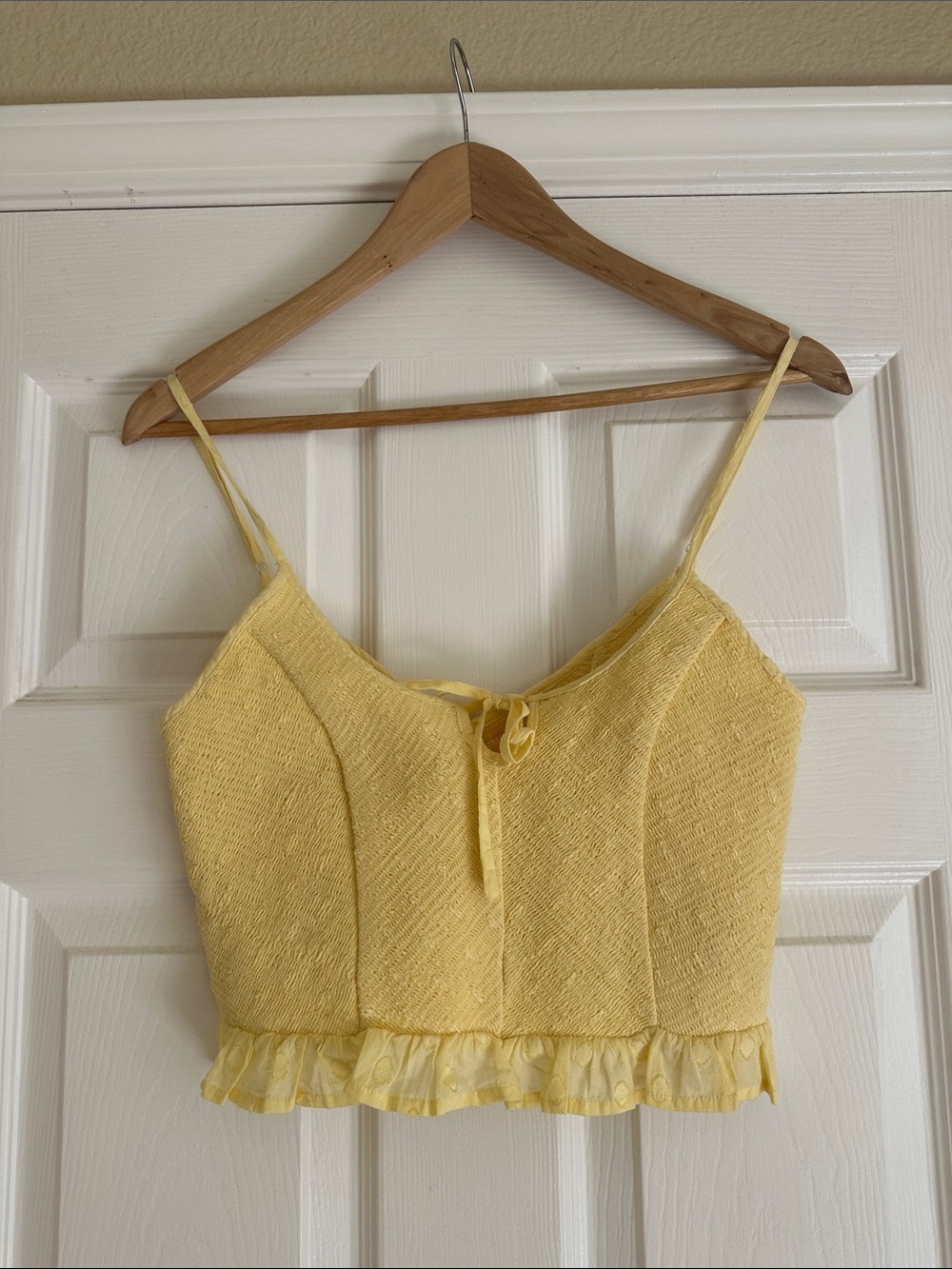 Urban Outfitters Pale Yellow Ruffle-Hem Spaghetti Strap Crop Top